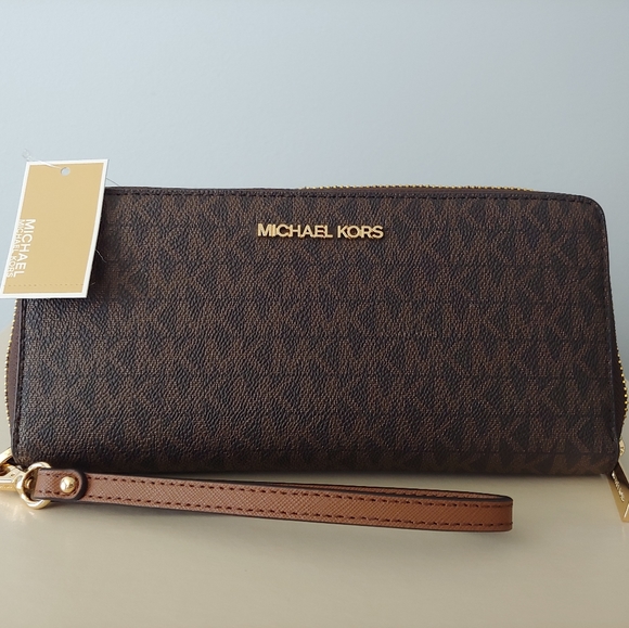 MICHAEL KORS Large Logo  Jet Set Travel Continental Wristlet Wallet Brown NWT - Picture 5 of 7